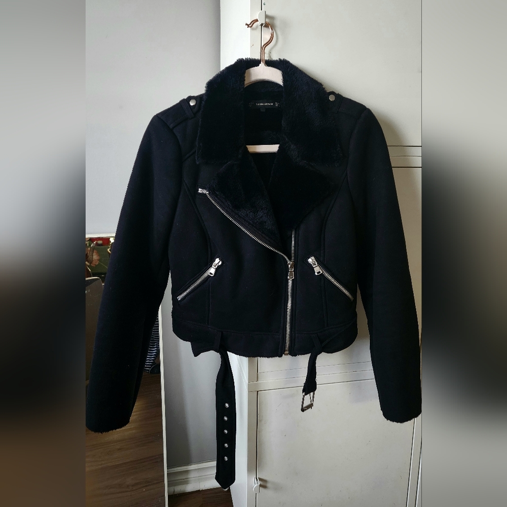 ZARA black cropped moto style faux suede jacket (M)